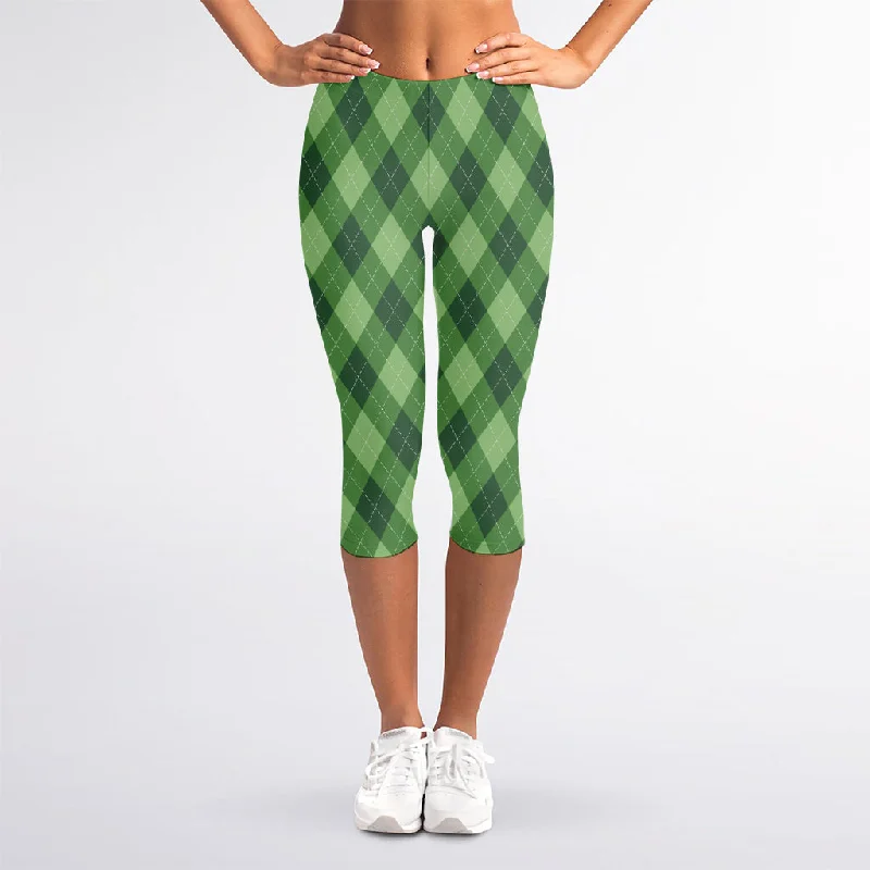 Forest Green Argyle Pattern Print Women's Capri Leggings