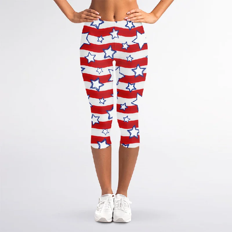 Fourth of July USA Star Pattern Print Women's Capri Leggings