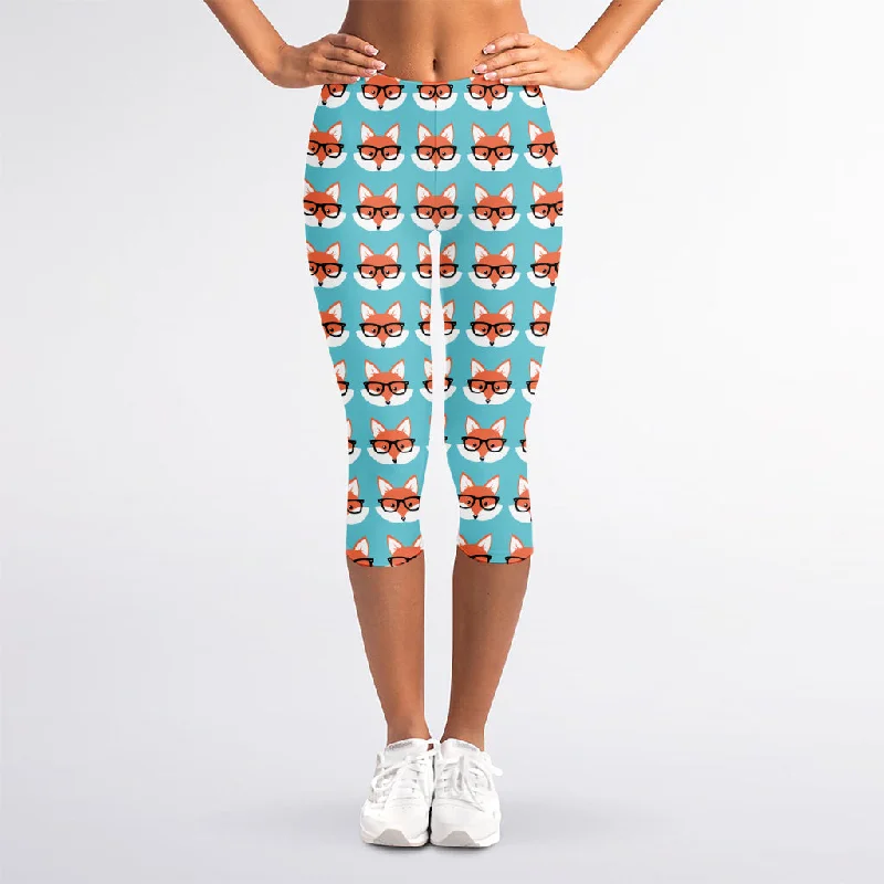 Fox With Glasses Pattern Print Women's Capri Leggings