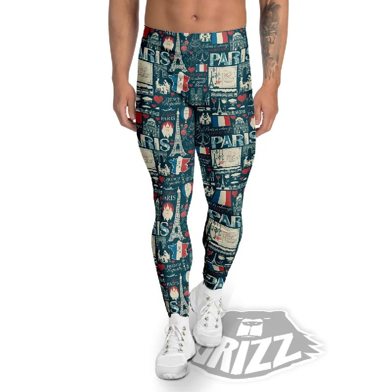 France And Paris Landmarks Vintage Print Pattern Men's Leggings