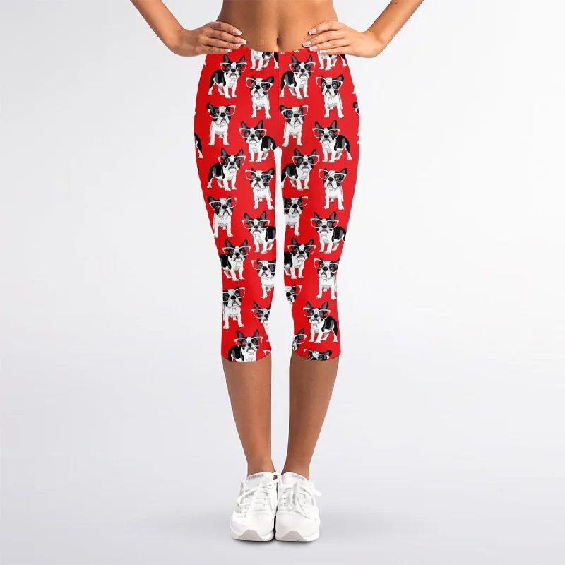 French Bulldog With Glasses Print Women's Capri Leggings