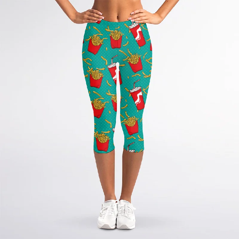 French Fries And Cola Pattern Print Women's Capri Leggings