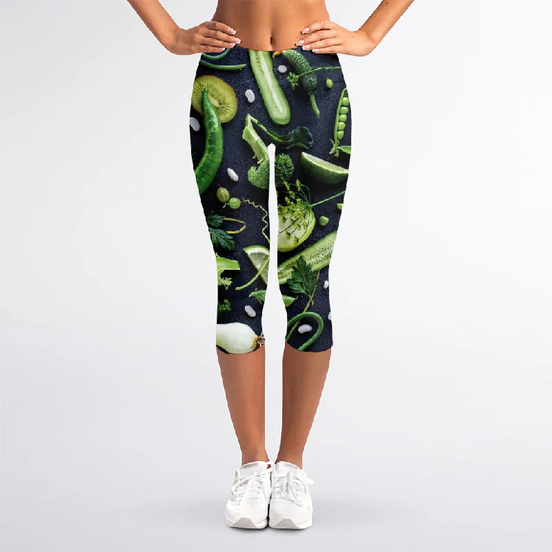 Fresh Green Fruit And Vegetables Print Women's Capri Leggings