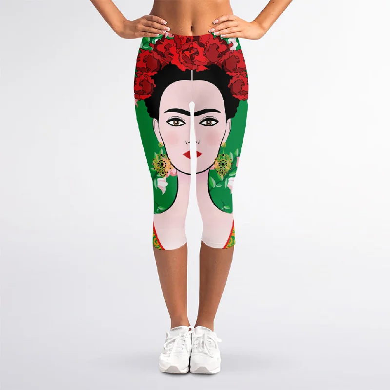 Frida Kahlo And Pink Floral Print Women's Capri Leggings