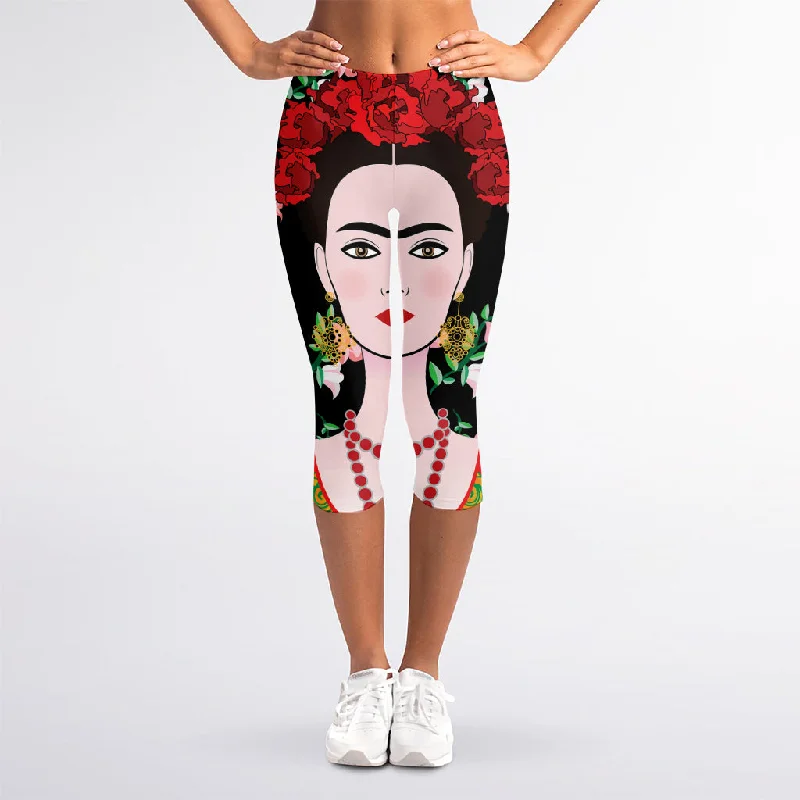 Frida Kahlo And Pink Flower Print Women's Capri Leggings