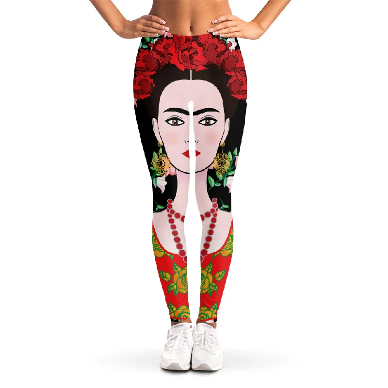 Frida Kahlo And Pink Flower Print Women's Leggings