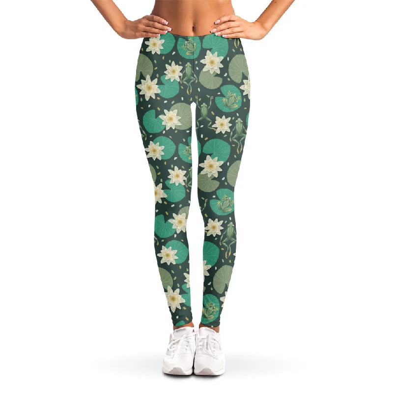 Frogs And Water Lilies Pattern Print Women's Leggings