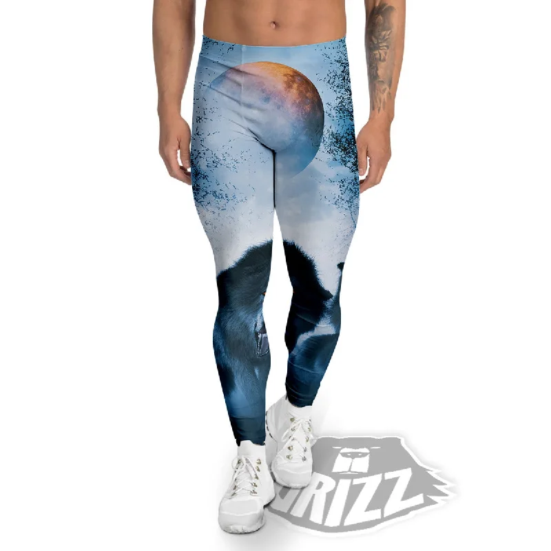 Full Moon And Wolf In The Forest Print Men's Leggings