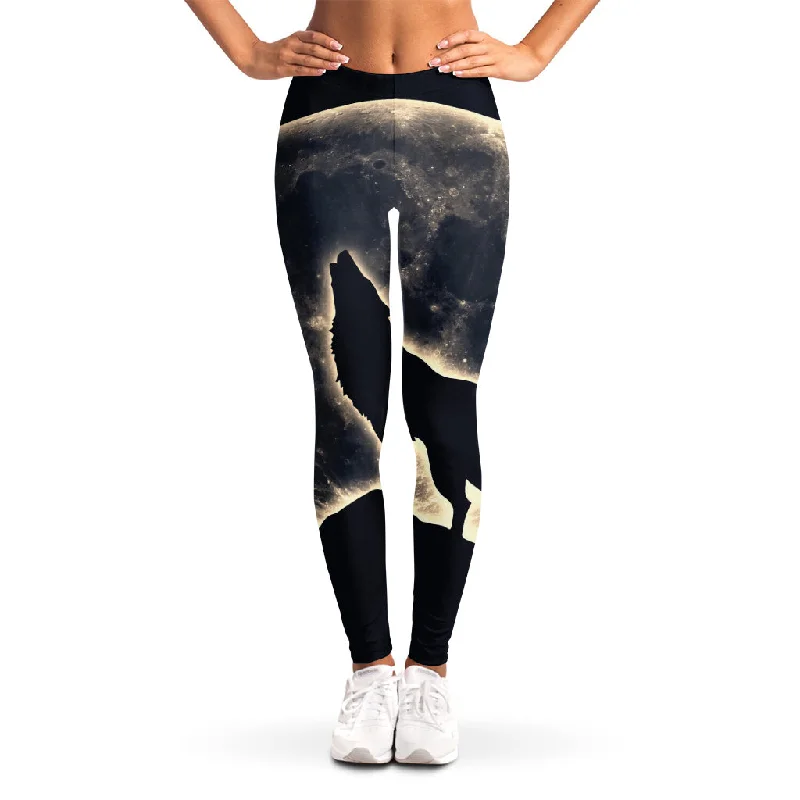 Full Moon Howling Wolf Print Women's Leggings