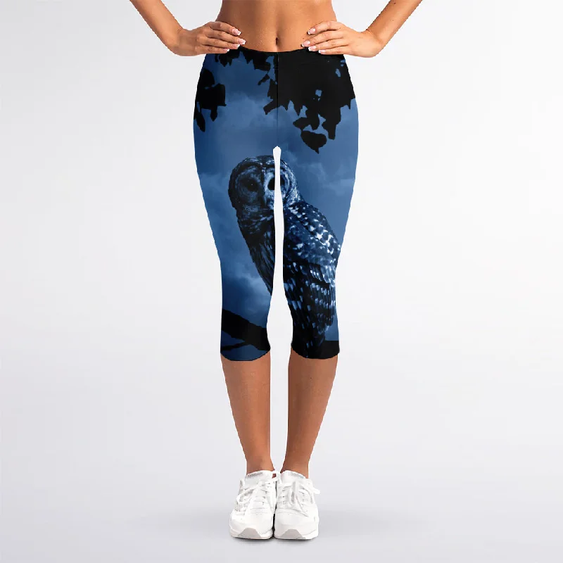 Full Moon Night Owl Print Women's Capri Leggings