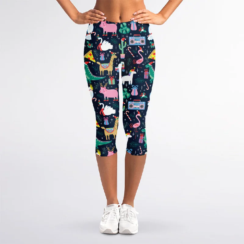 Funny Christmas Animals Pattern Print Women's Capri Leggings