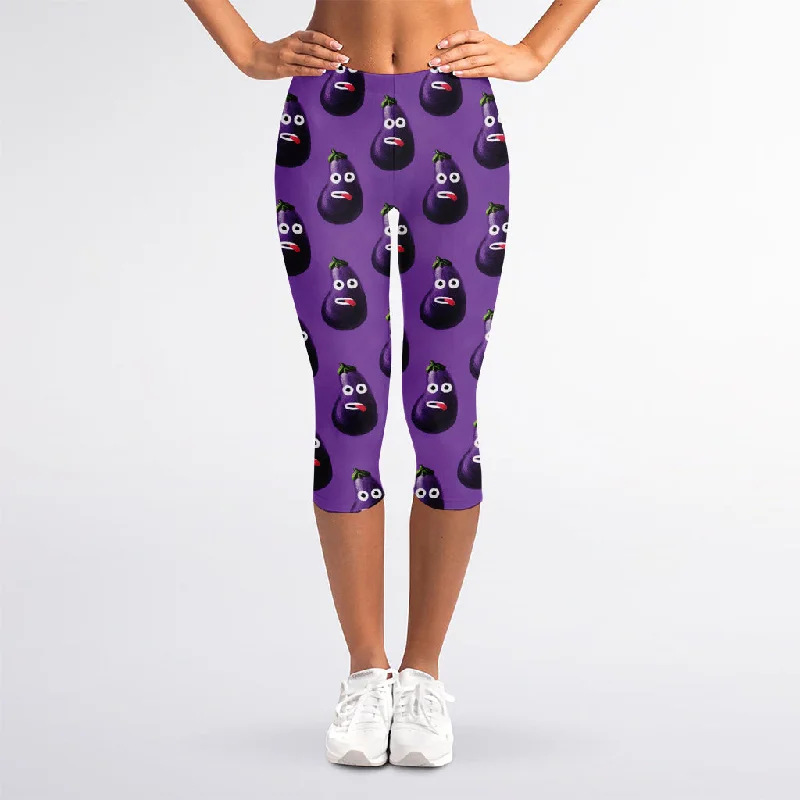 Funny Eggplant Pattern Print Women's Capri Leggings