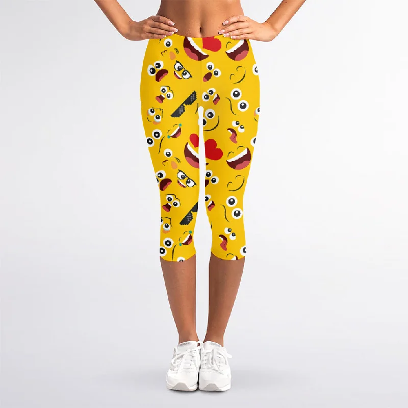 Funny Emoji Pattern Print Women's Capri Leggings