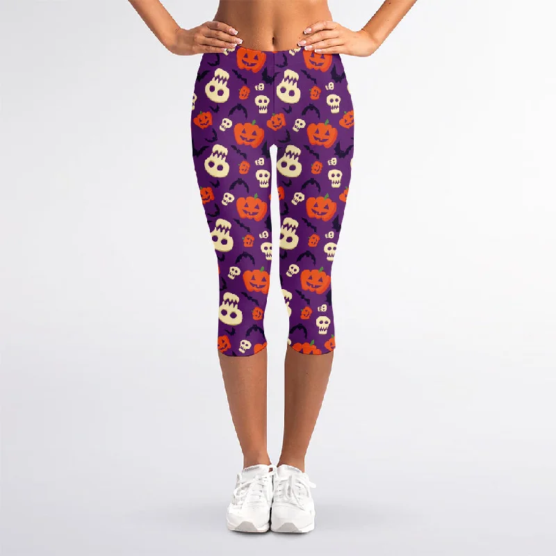 Funny Halloween Pumpkin Pattern Print Women's Capri Leggings