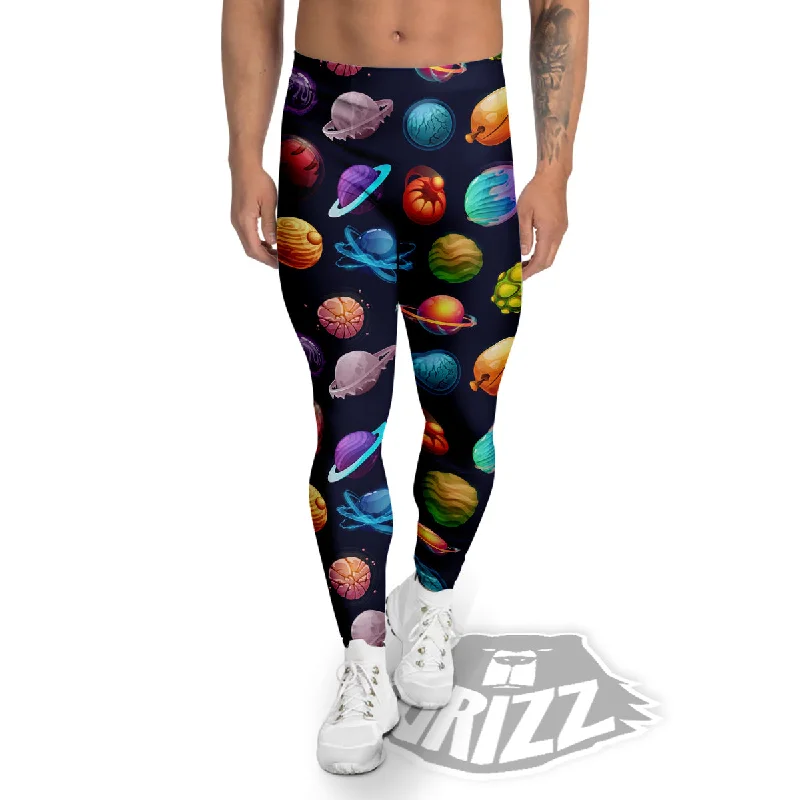 Futuristic Planets And Stars Colorful Print Pattern Men's Leggings