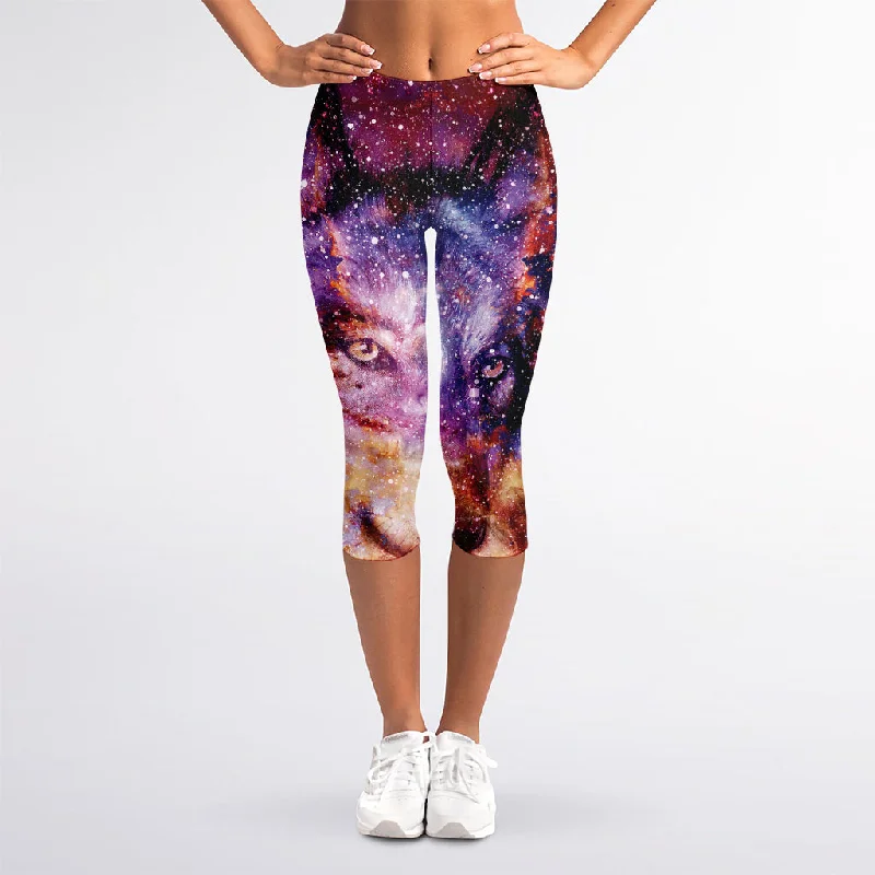 Galaxy Wolf Portrait Print Women's Capri Leggings