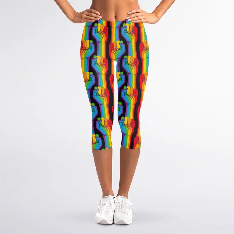 Gay Pride Hand Sign Pattern Print Women's Capri Leggings