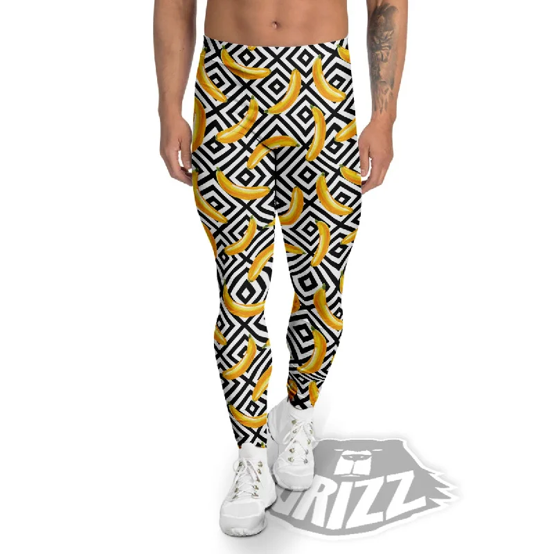 Geometric Banana White And Black Print Men's Leggings