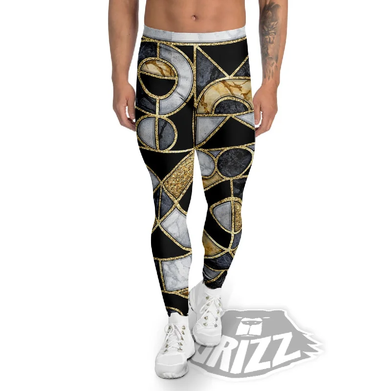 Geometric Black Gold Marble Print Men's Leggings