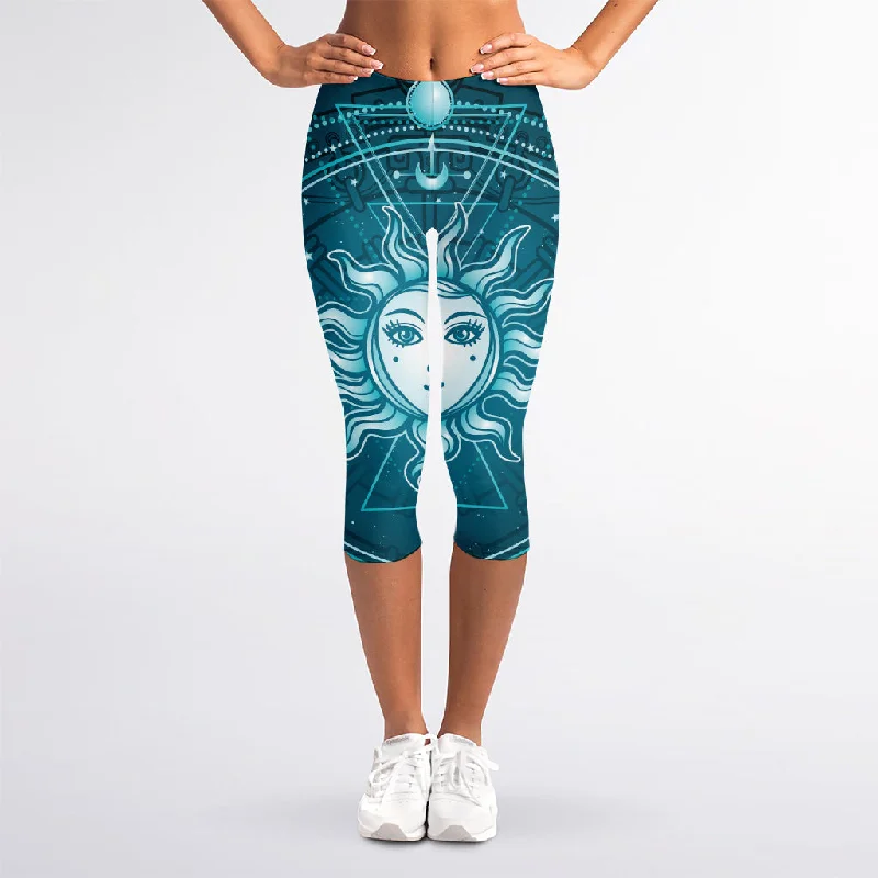 Geometric Celestial Sun And Moon Print Women's Capri Leggings