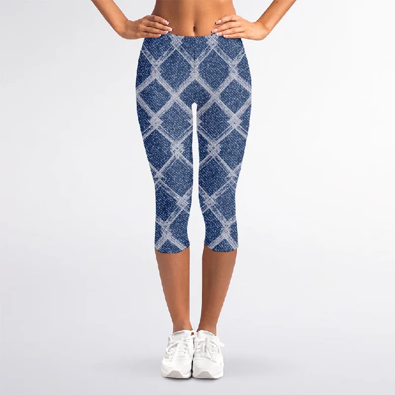 Geometric Denim Jeans Pattern Print Women's Capri Leggings