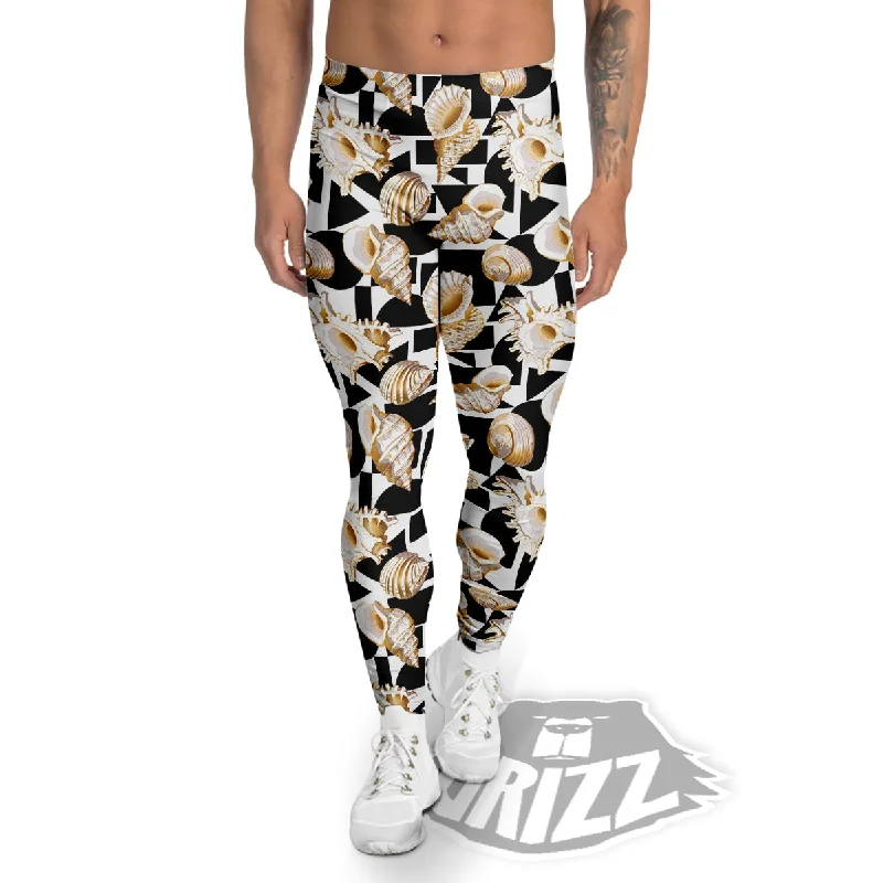 Geometric Gold Sea Shell Print Pattern Men's Leggings