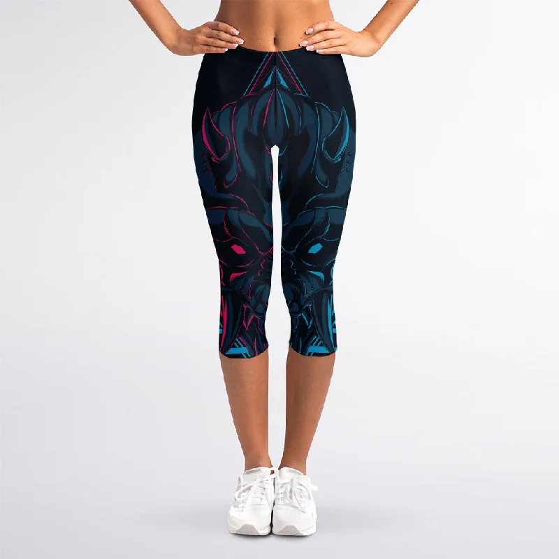 Geometric Japanese Demon Print Women's Capri Leggings