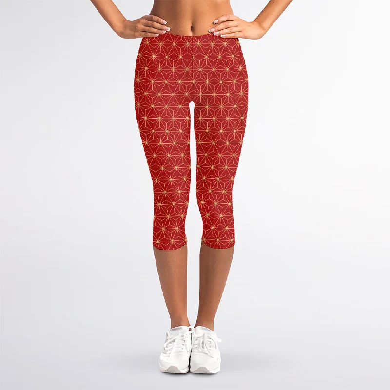 Geometric Japanese Floral Pattern Print Women's Capri Leggings