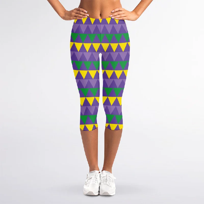 Geometric Mardi Gras Pattern Print Women's Capri Leggings