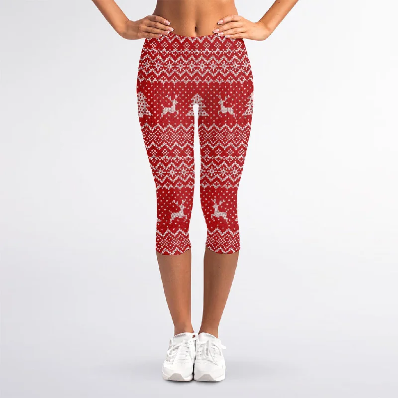 Geometric Xmas Knitted Pattern Print Women's Capri Leggings