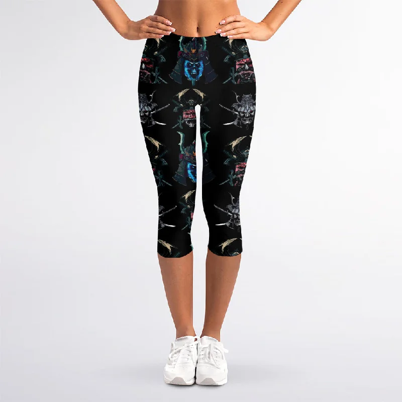 Ghost Samurai Mask Pattern Print Women's Capri Leggings