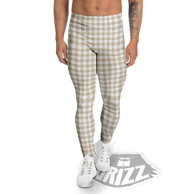 Gingham White And Beige Print Pattern Men's Leggings