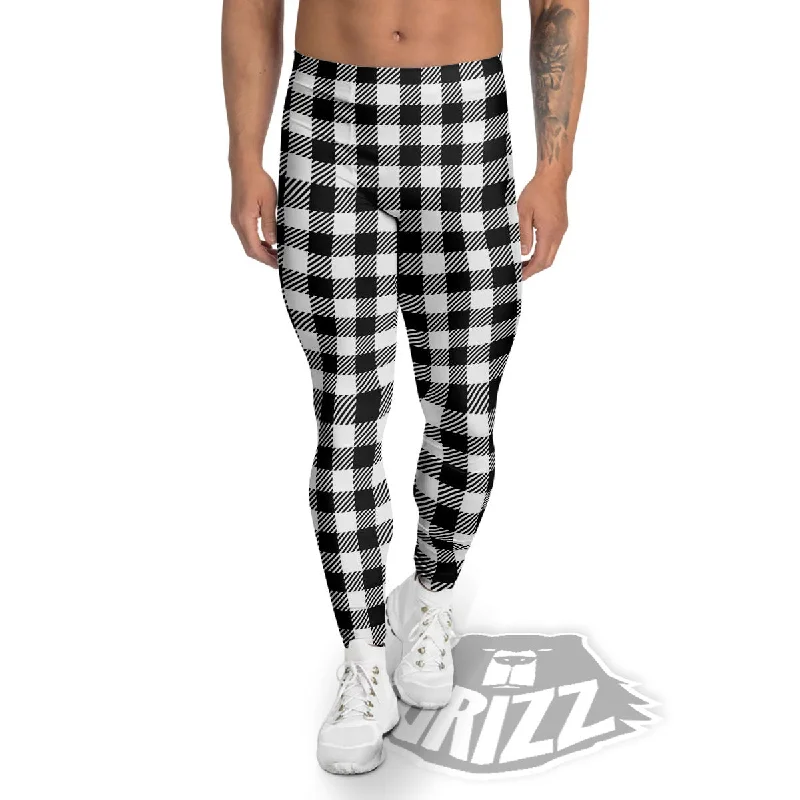 Gingham White And Black Print Pattern Men's Leggings