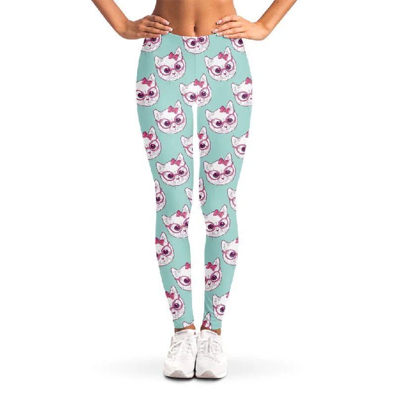 Girly Cat With Glasses Pattern Print Women's Leggings