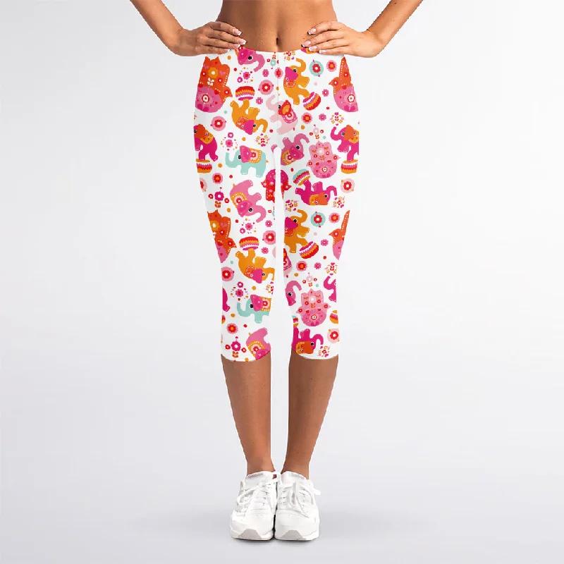 Girly Elephant And Hamsa Pattern Print Women's Capri Leggings