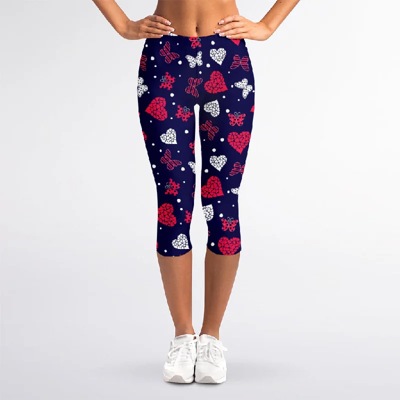 Girly Heart And Butterfly Pattern Print Women's Capri Leggings