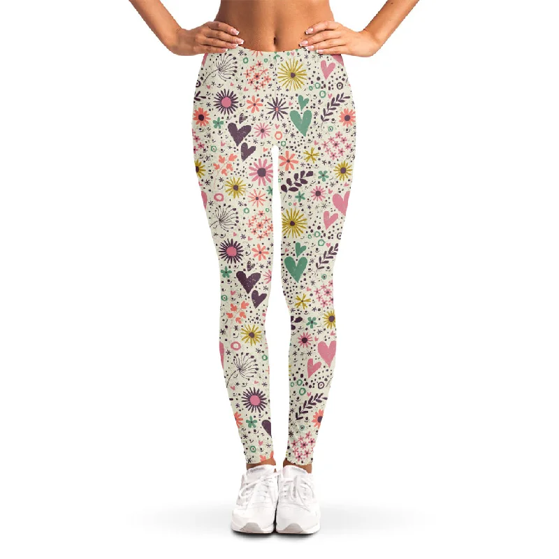 Girly Heart And Flower Pattern Print Women's Leggings