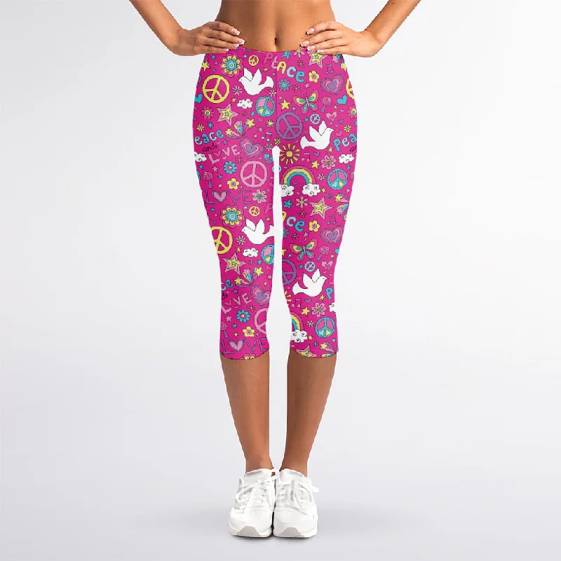 Girly Peace Sign And Love Pattern Print Women's Capri Leggings