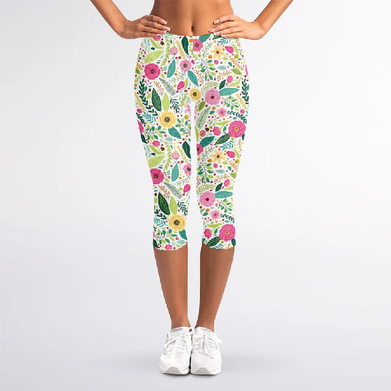 Girly Spring Flower Pattern Print Women's Capri Leggings