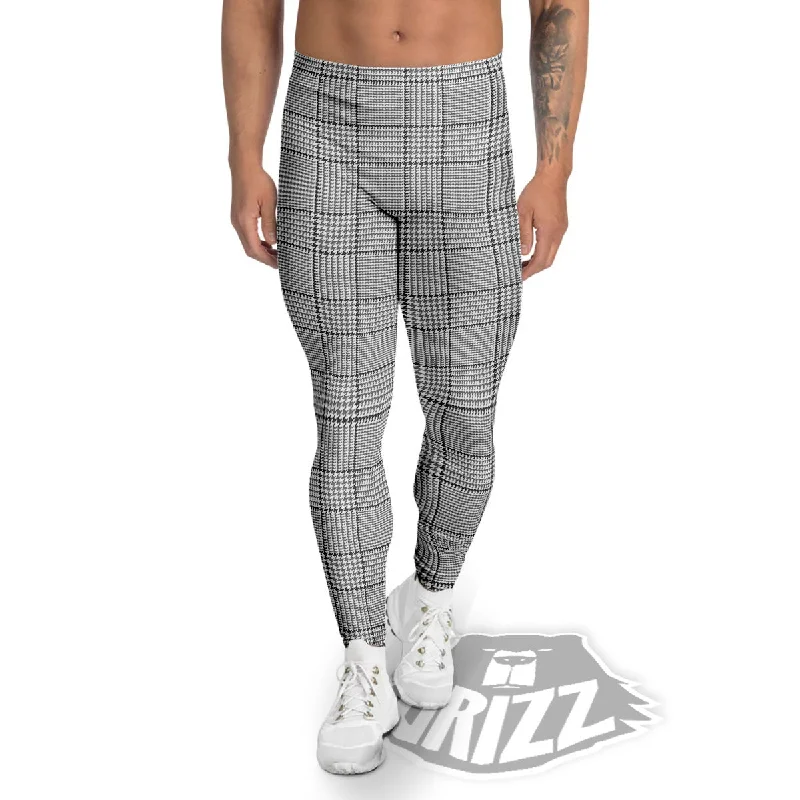 Glen Plaid White And Black Print Men's Leggings