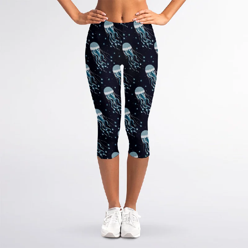 Glowing Jellyfish Pattern Print Women's Capri Leggings