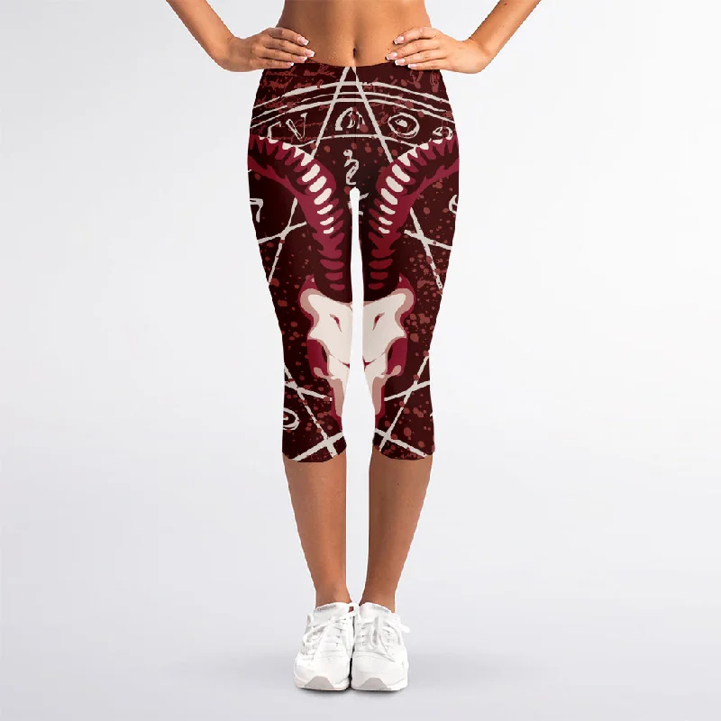 Goat Skull Pentagram Print Women's Capri Leggings