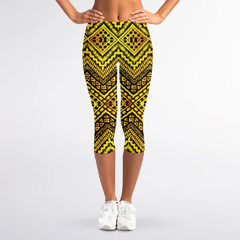 Gold African Ethnic Tribal Pattern Print Women's Capri Leggings