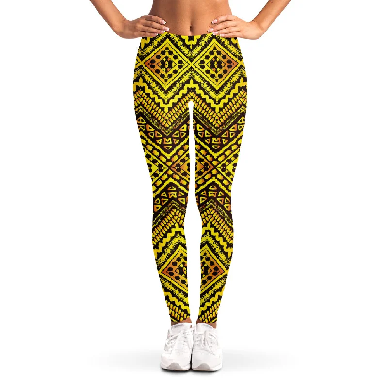 Gold African Ethnic Tribal Pattern Print Women's Leggings