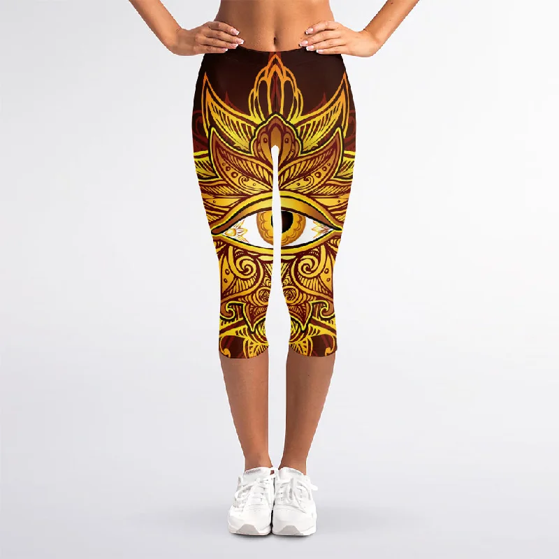 Gold All Seeing Eye Print Women's Capri Leggings