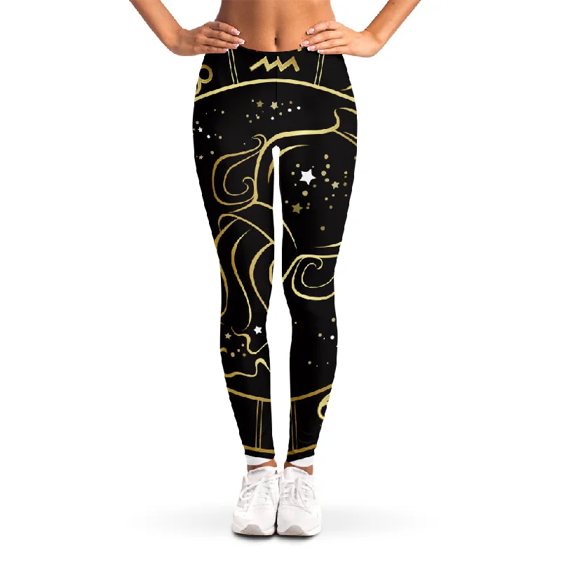 Gold And Black Aquarius Sign Print Women's Leggings