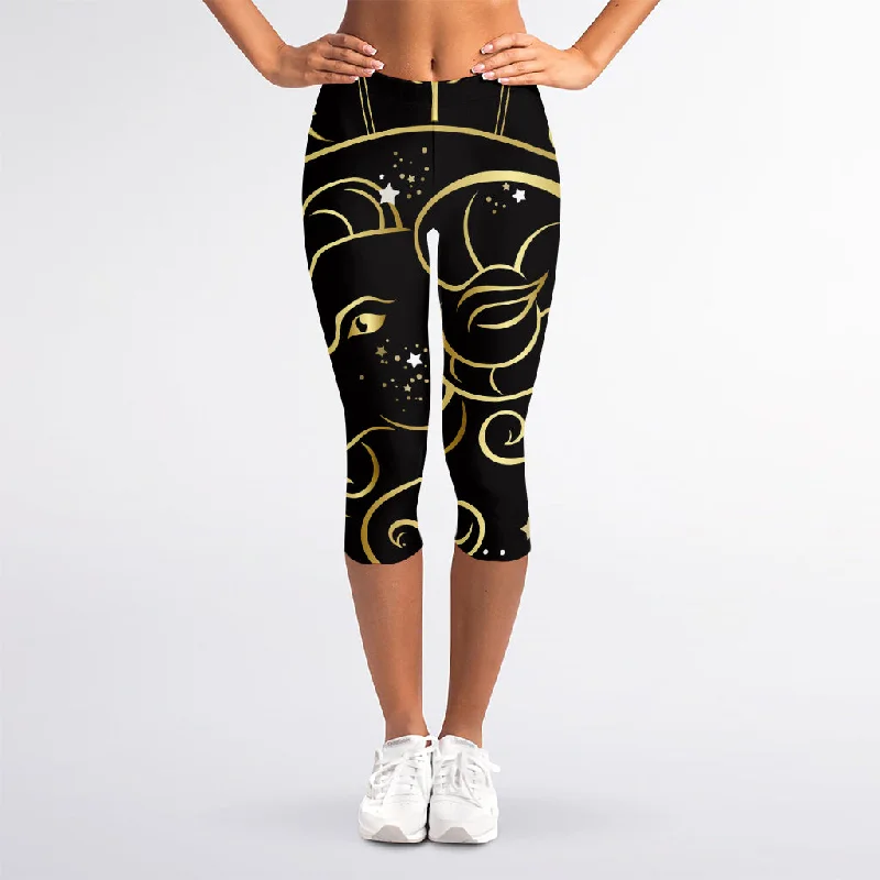 Gold And Black Aries Sign Print Women's Capri Leggings