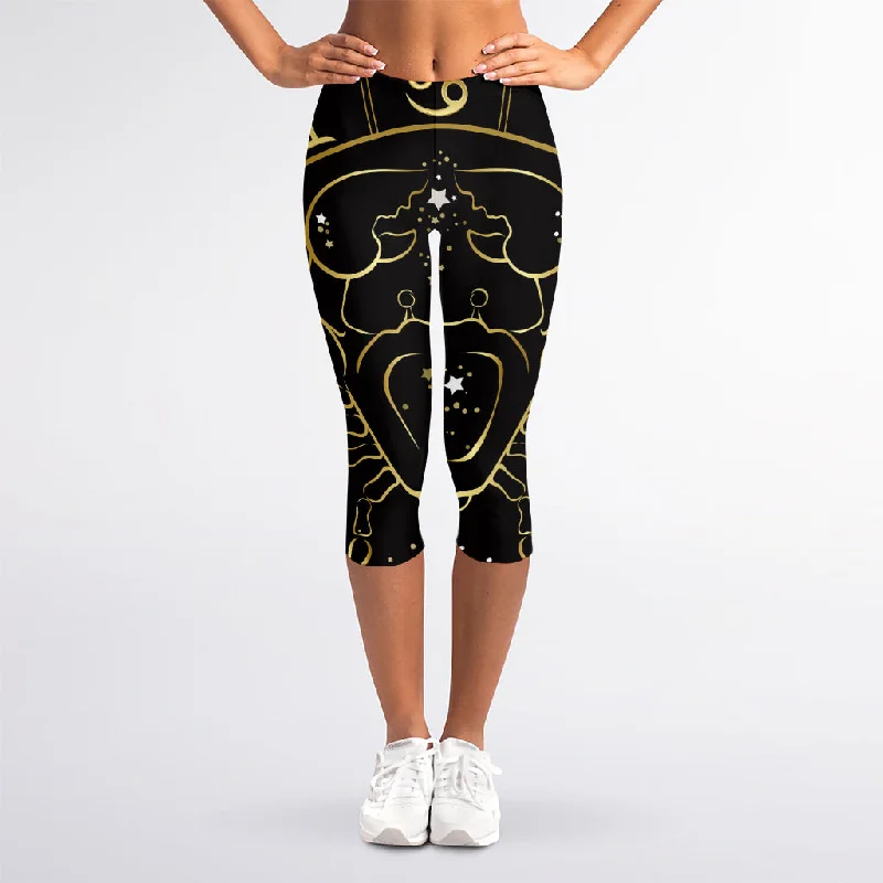 Gold And Black Cancer Sign Print Women's Capri Leggings