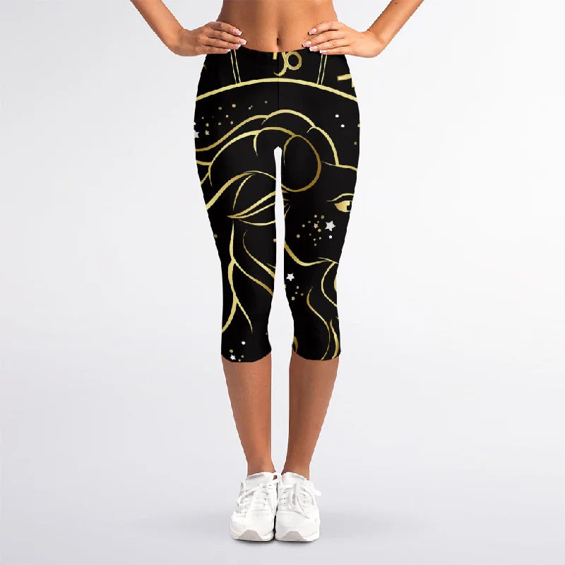 Gold And Black Capricorn Sign Print Women's Capri Leggings