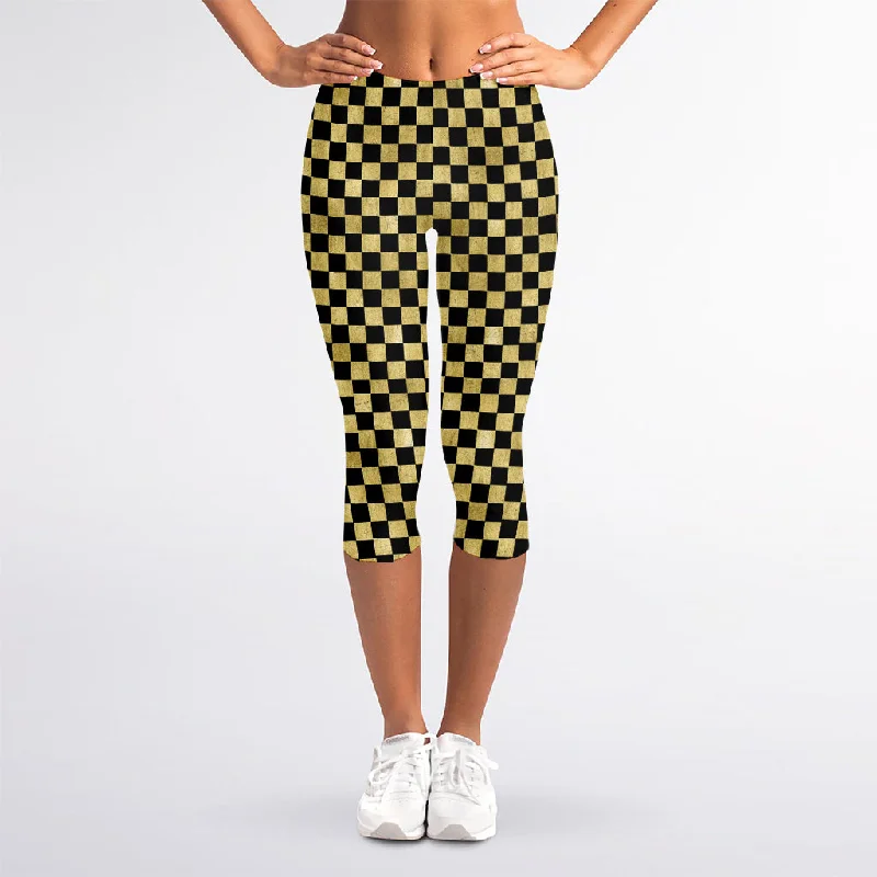 Gold And Black Checkered Pattern Print Women's Capri Leggings